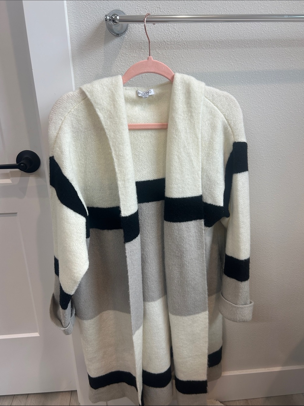 Striped Hooded Open-Front Cardigan - Cream, Gray & Black